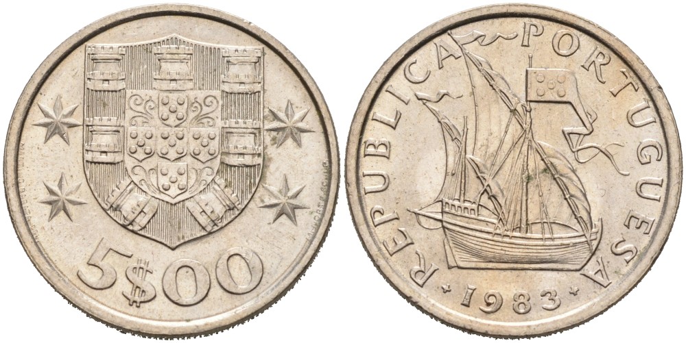 Португалия 5 эскудо 1983 парусник KM 591 медно-никель 4556-1156