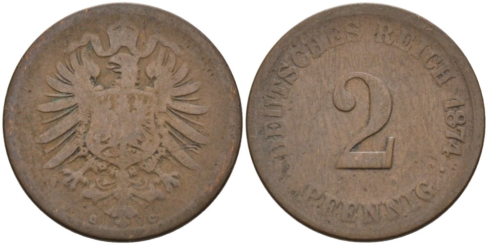 Германия 2 пфеннига 1874 C, старогербовка KM 2, J. 2 медь 4573-1254