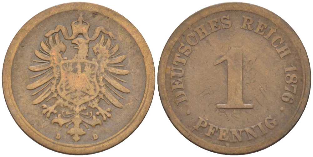ГЕРМАНИЯ 1 ПФЕННИГ 1876 D, СТАРОГЕРБОВКА KM 1, J. 1, Weege 1 медь 206-1042