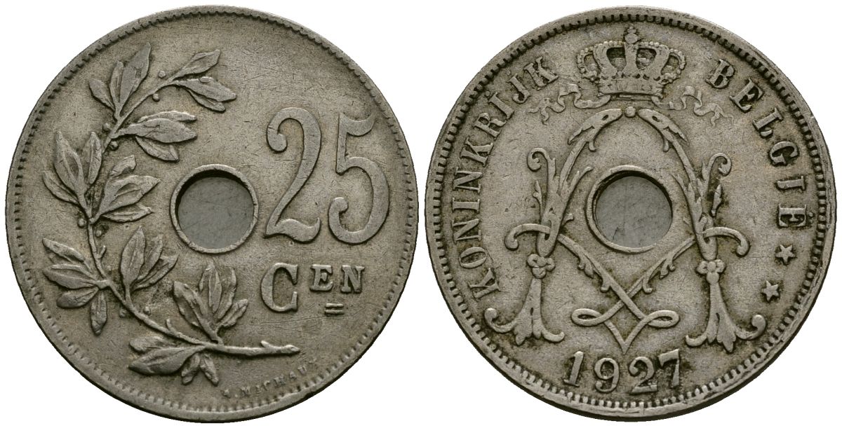 Бельгия 25 сантимов 1927 Belgie KM 69 медно-никель 4131-521