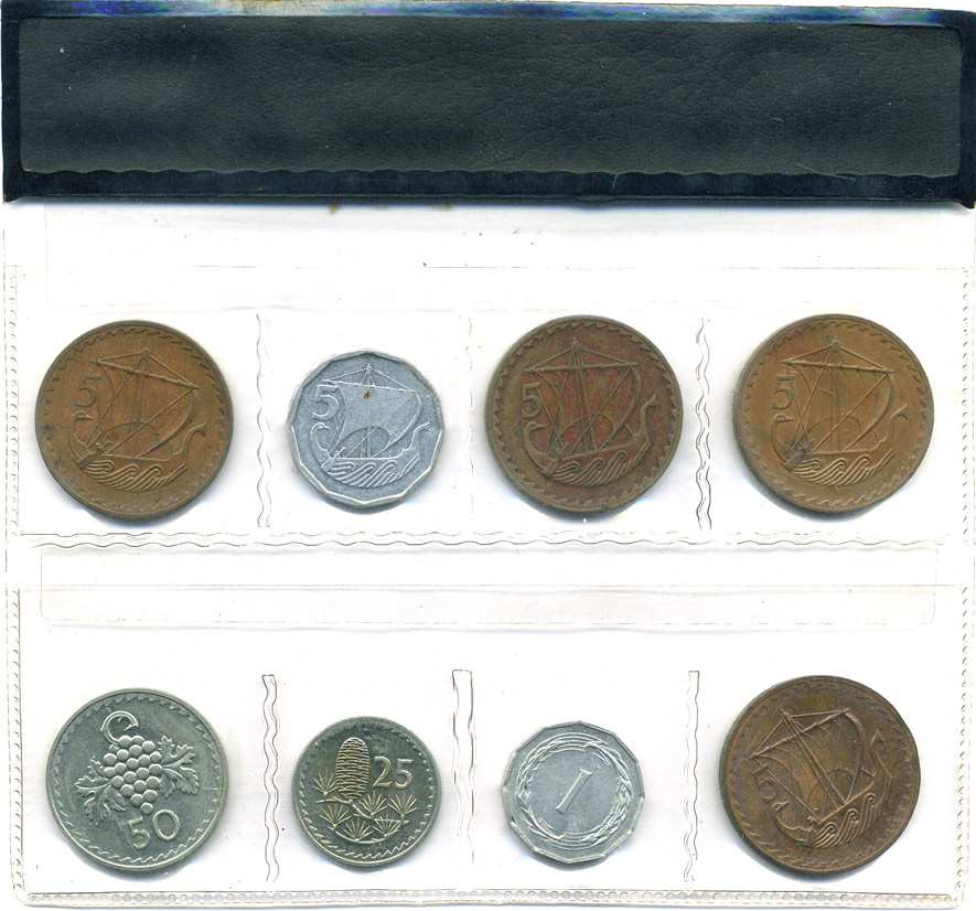 Кипр набор из 8 монет 1963-1980 в целлофане (5 милей 1974, 1977, 1978, 1980, 1, 2, 25, 50 центов), из оборота 5-4-3-71