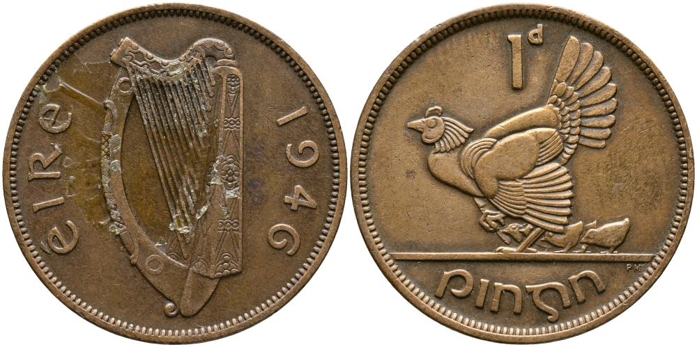 ИРЛАНДИЯ 1 ПЕННИ 1946 КУРИЦА С ЦЫПЛЯТАМИ KM 11 бронза 4389-942