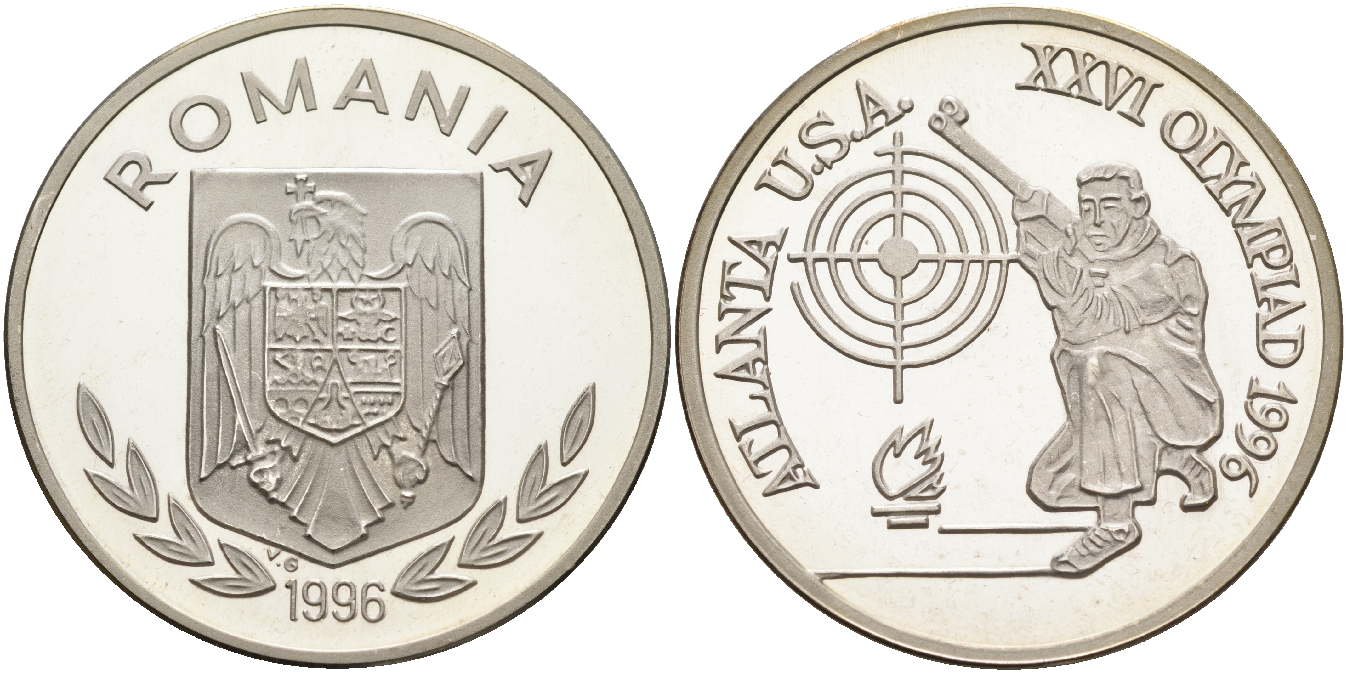 Румыния 100 леев 1996 XXVI Олимпийские игры 1996 года в Атланте, 100 лет Олимпийскому движению, стрельба, пробный выпуск, пифорт KM PnE 326 A серебро  PROOF 11-116-22