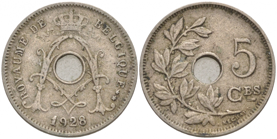 БЕЛЬГИЯ 5 САНТИМОВ 1928 BELGIQUE KM 66 медно-никель 44-133