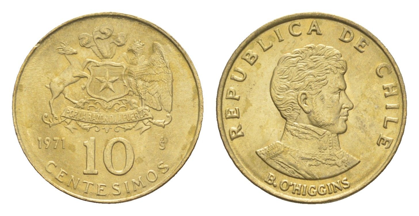 Чили 10 сентесимо 1971 год-тип KM 194 алюминиевая бронза UNC 4651-527