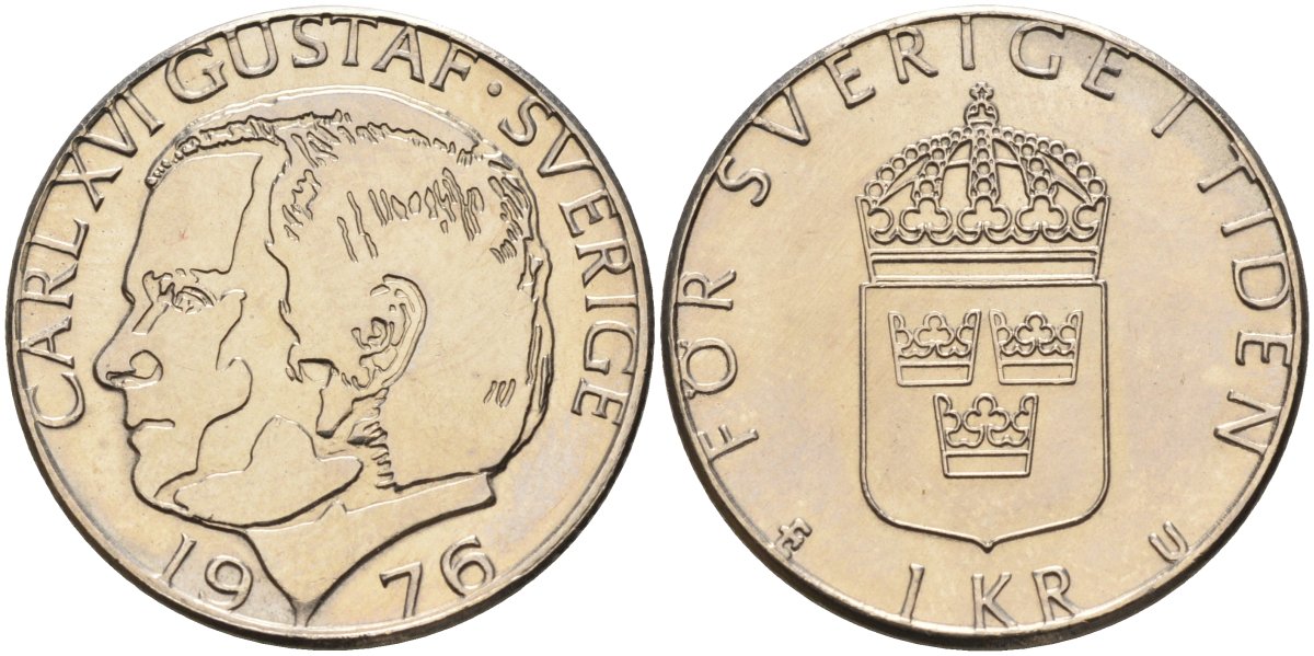 Швеция 1 крона 1976 Карл XVI Густав (1973- ) KM 852 медь плакированная медно-никелем UNC 4582-445