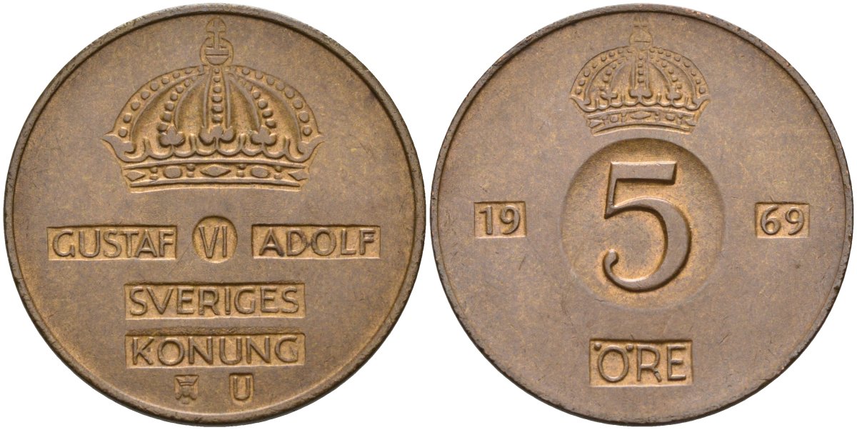 Швеция 5 эре 1969 Густав VI Адольф (1950-1973) KM 822 бронза 4517-713