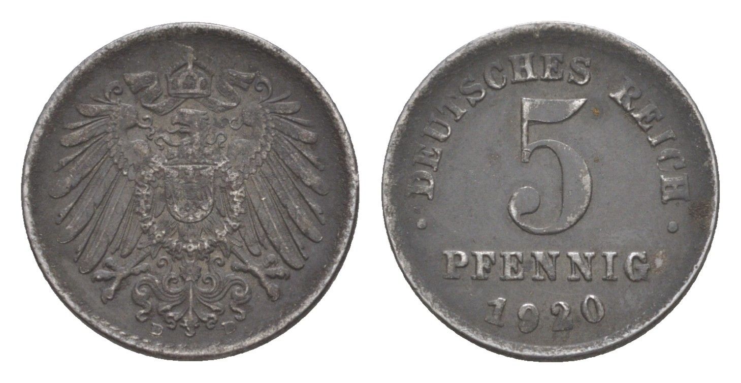 Германия 5 пфеннигов 1920 D KM 19, J. 297 железо 4647-1012