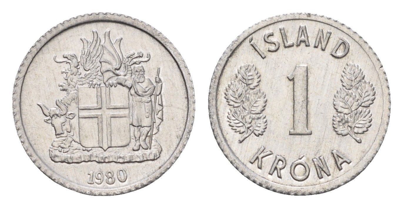 Исландия 1 крона 1980 KM 23 алюминий UNC 4687-823