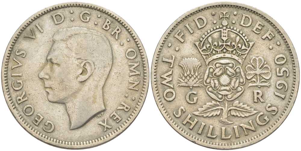 Великобритания 2 шиллинга (флорин) 1950 Георг VI (1936-1952) KM 878, Spink 4107 медно-никель 180-725