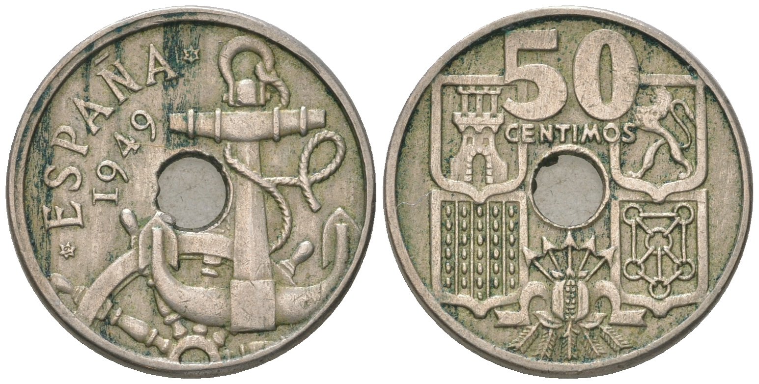 Испания 50 сентимо 1949 (56) Франко (1939-1975), морская атрибутика KM 777 медно-никель 4385-614