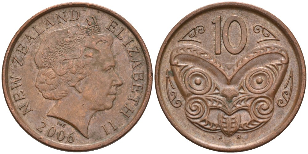 Новая Зеландия 10 центов 2006 маска Маори, Елизавета II (1952-) KM 117а сталь плакированная медью 186-511