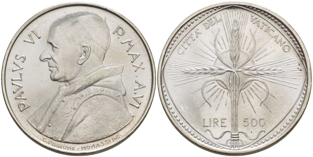 Ватикан 500 лир 1968 VI год, Павел VI (1963-1978), FAO, крест из колосьев KM 107 серебро    4512-842