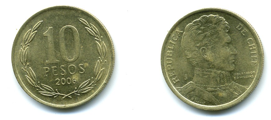ЧИЛИ 10 ПЕСО 2006 ГЕНЕРАЛ БЕРНАРДО О ХИГГИНС KM 228.2 никель-бронза 37-261