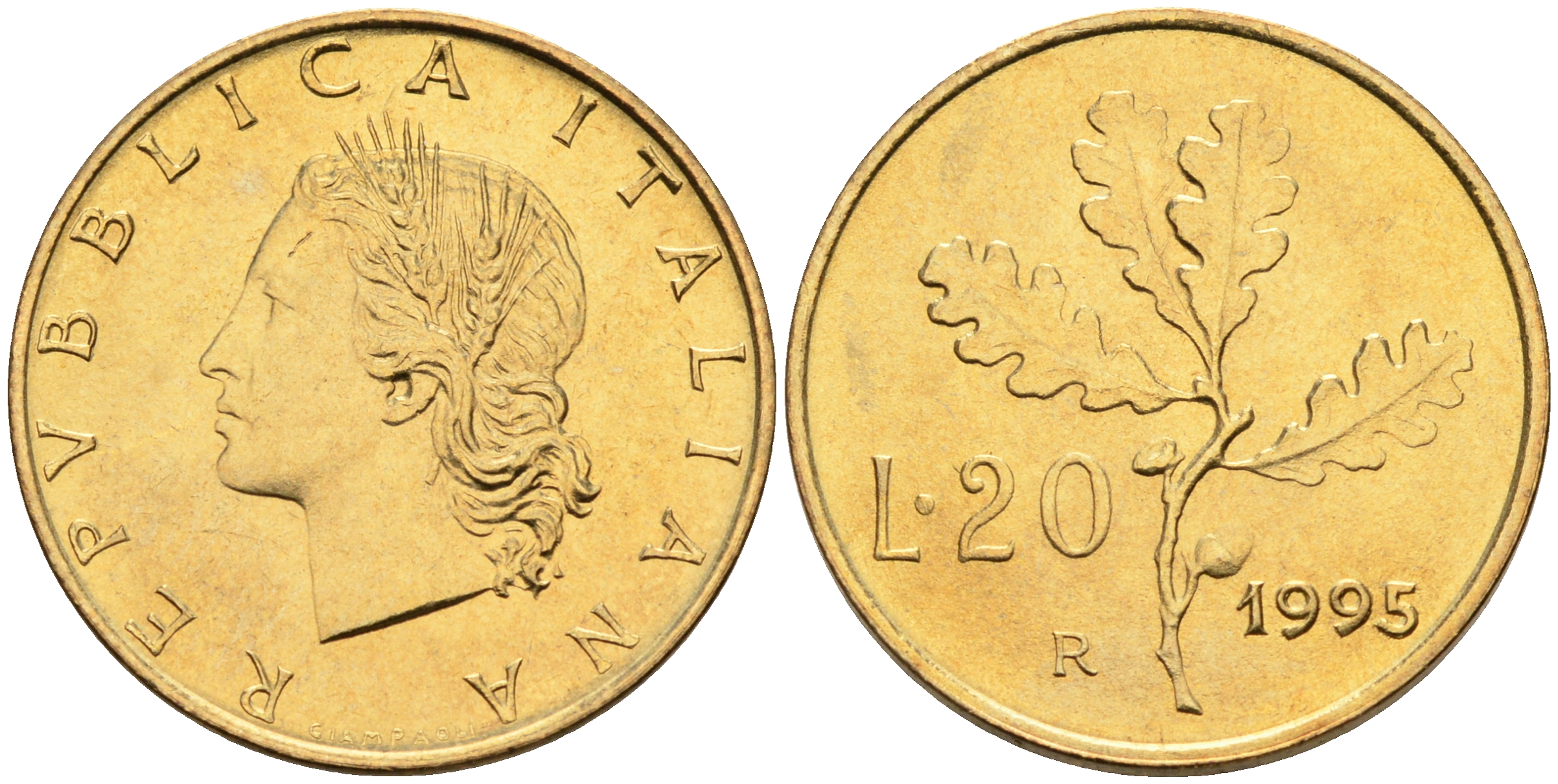 Италия 20 лир 1995 R, дубовый лист KM 97.2 алюминиевая бронза  UNC  4594-943