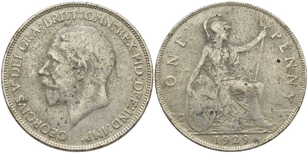Великобритания 1 пенни 1929 Георг V (1910-1936) KM 838, Spink 4055 бронза 115-236