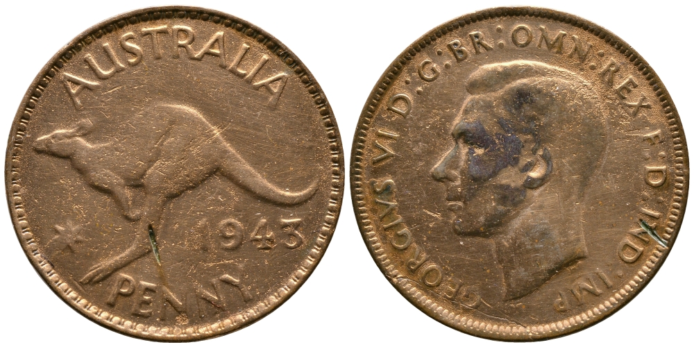 Австралия 1 пенни 1943 М, Георг VI (1937-1952), кенгуру KM 36 бронза 00-00