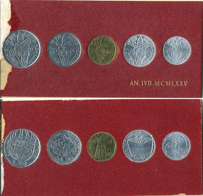 Ватикан набор из 5 монет 1975 5, 10, 20, 50, 100 лир, в оригинальном буклете KM MSA80 (KM 126-130) UNC 5-4-3-32