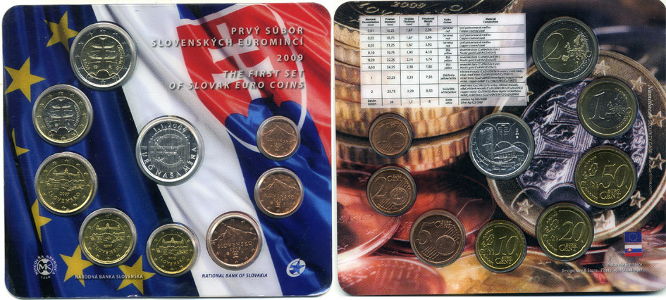 Словакия евронабор из 8 монет плюс жетон 2009 первый официальный набор словацских евромонет, запайка, буклет, жетон серебро  биметалл  UNC  1181-3-05