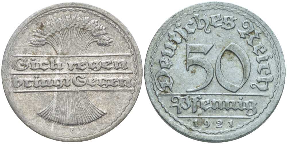 ГЕРМАНИЯ 50 ПФЕННИГОВ 1921 F KM 27, J. 301, Weege 10 алюминий 261-336