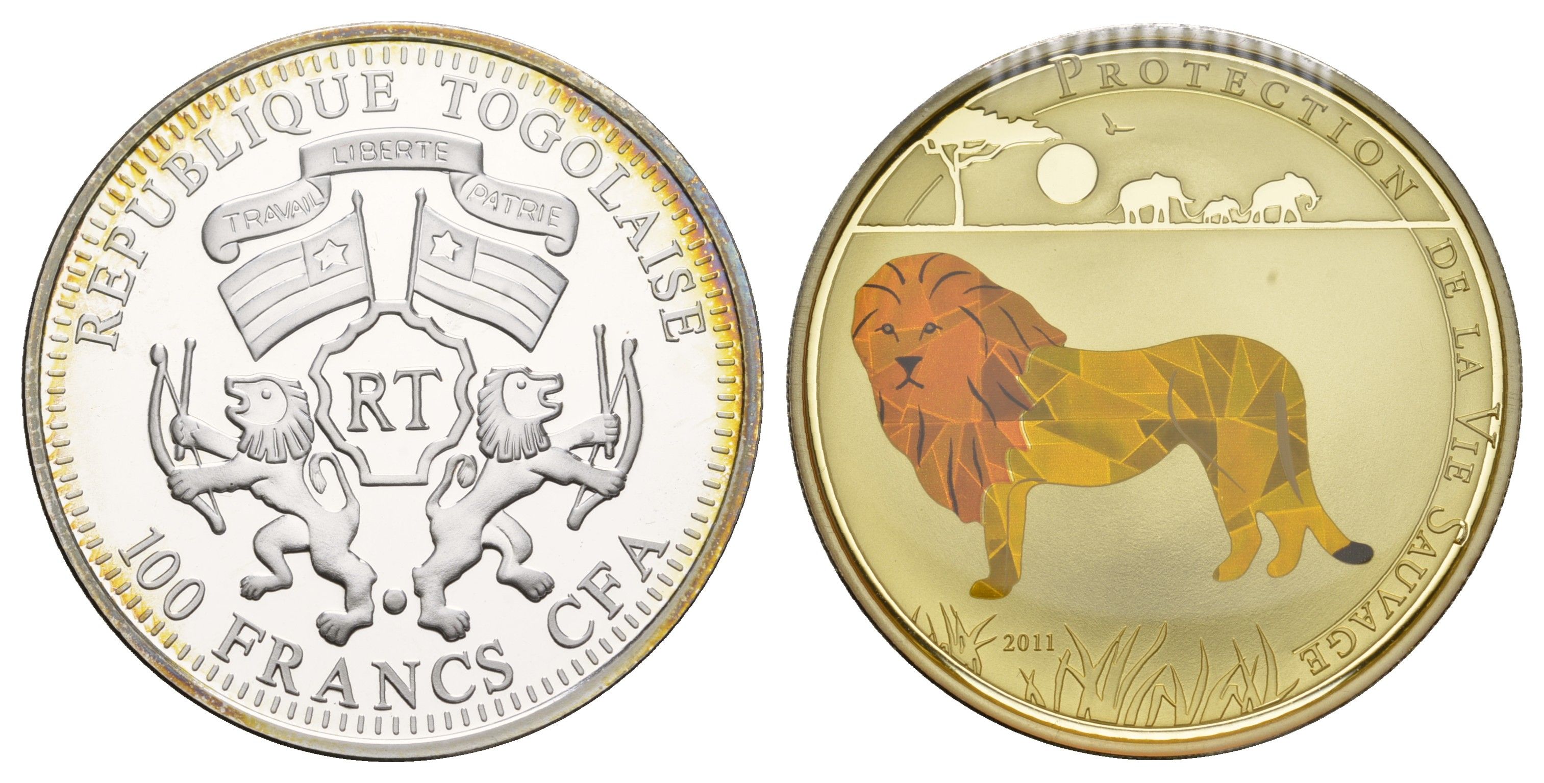 Того 100 франков 2011 Защита дикой природы - Лев KM 62 медно-никель плакированный серебром PROOF 443-1142