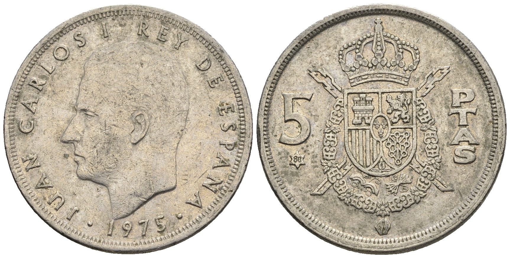 Испания 5 песет 1975 (80) Хуан Карлос I (1975-2014) KM 807 медно-никель 85-737