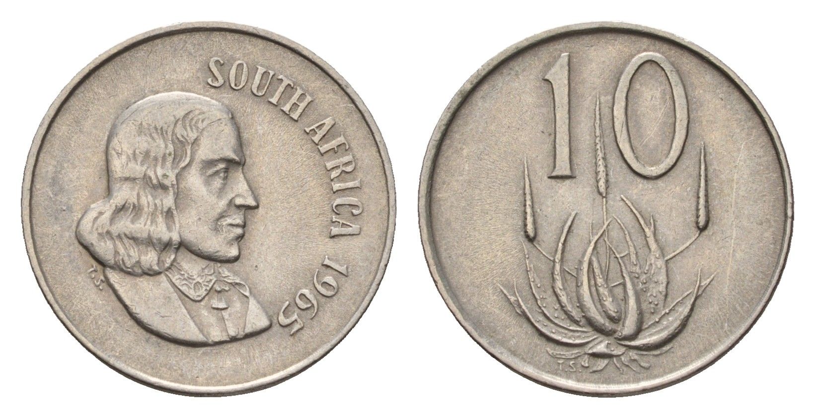 ЮАР 10 центов 1965 Ян ван Рибек (1619-1677), South Africa, легенда на английском, цветок алоэ KM 68.1 медно-никель 4640-1147