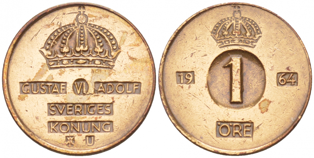 Швеция 1 эре 1964 U, Густав VI Адольф (1950-1973) KM 820 бронза 4547-1049