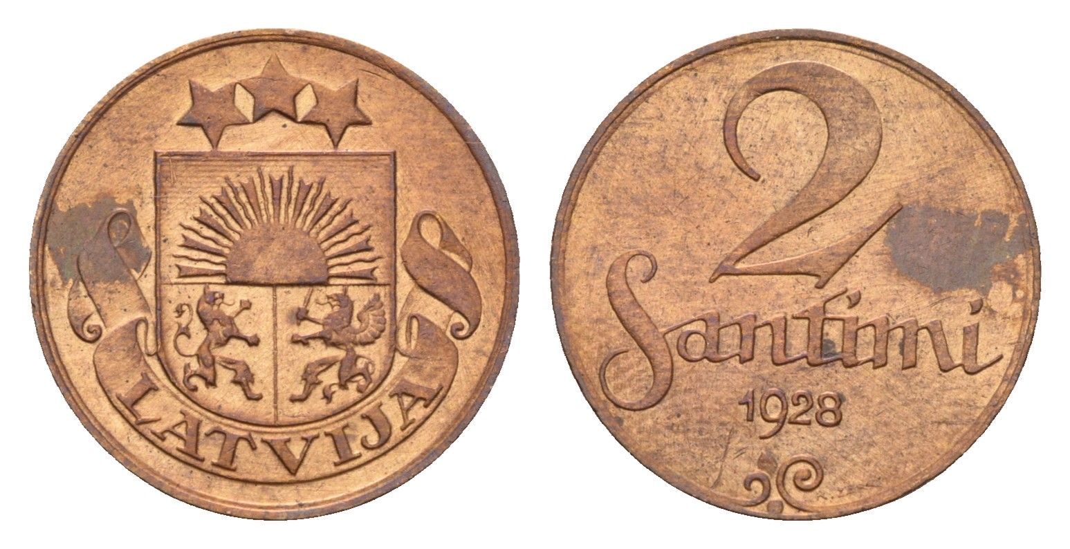 Латвия 2 сантима 1928 KM 2 бронза 4679-225
