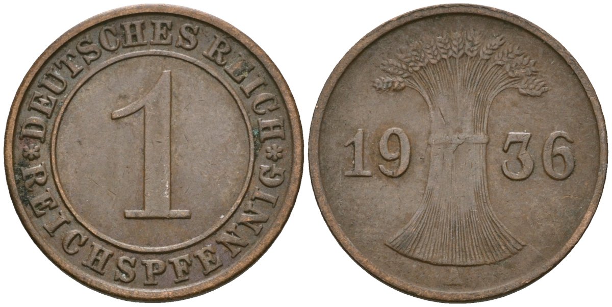 Германия 1 рейхспфенниг 1936 A KM 37, J. 313 бронза 4528-1264