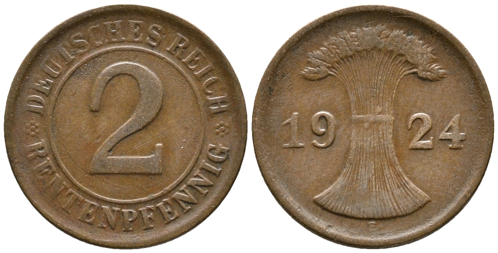 ГЕРМАНИЯ 2 РЕНТЕНПФЕННИГА 1924 E KM 31, J. 307 бронза 24-521
