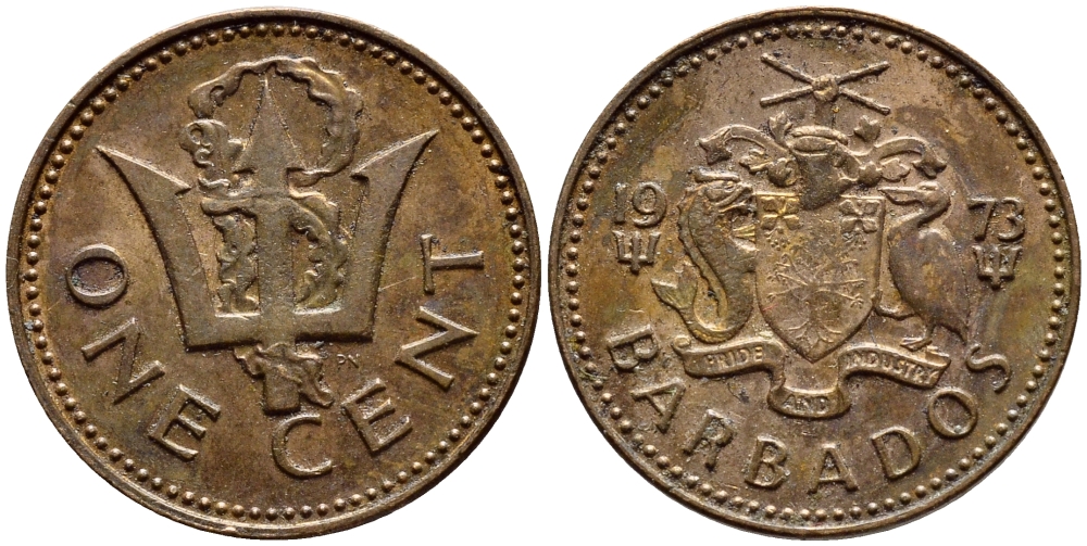 Барбадос 1 цент 1973 сломанный трезубец Британии KM 10 бронза 4396-1246