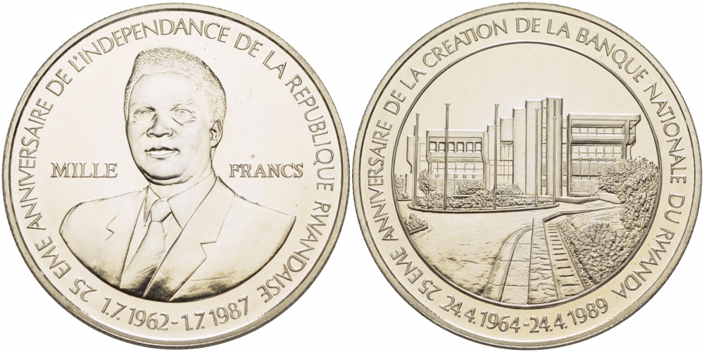 Руанда 1000 франков 1989 25 лет Национальному банку и 25 лет Независимости, запайка KM 17 серебро UNC 11-093-24