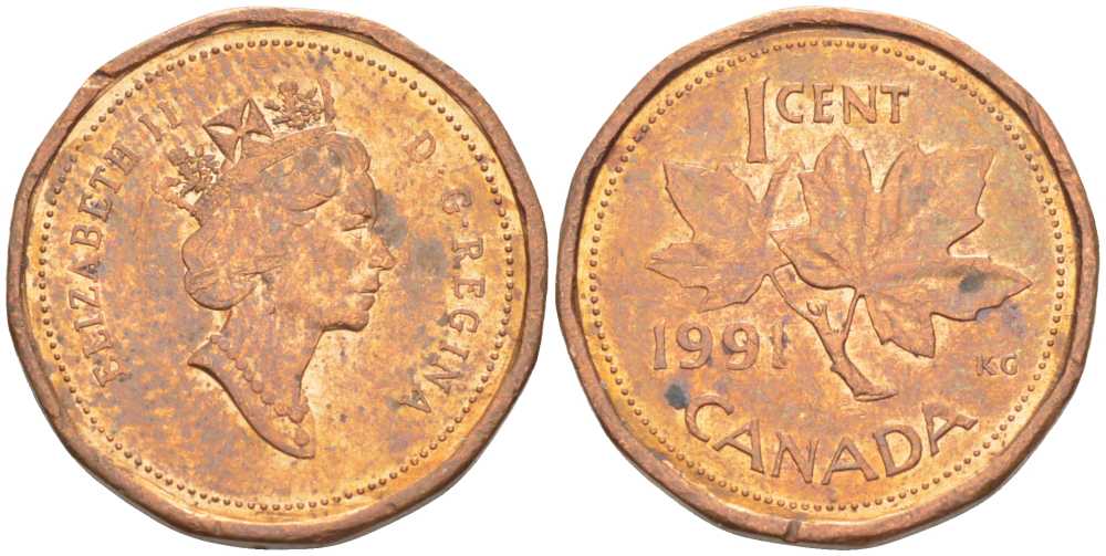 Канада 1 цент 1991 Елизавета II (1952-2022), кленовый лист KM 181 бронза 3458-1132