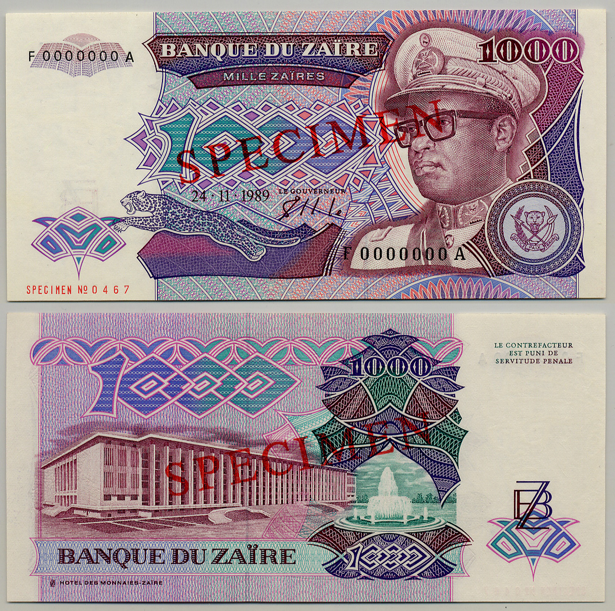 Заир 1000 заиров 1989 Мобуту Сесе Секо в военной форме, народный дворец. Образец, Specimen Pick 35s бумага UNC (пресс) 6279-22-3-1