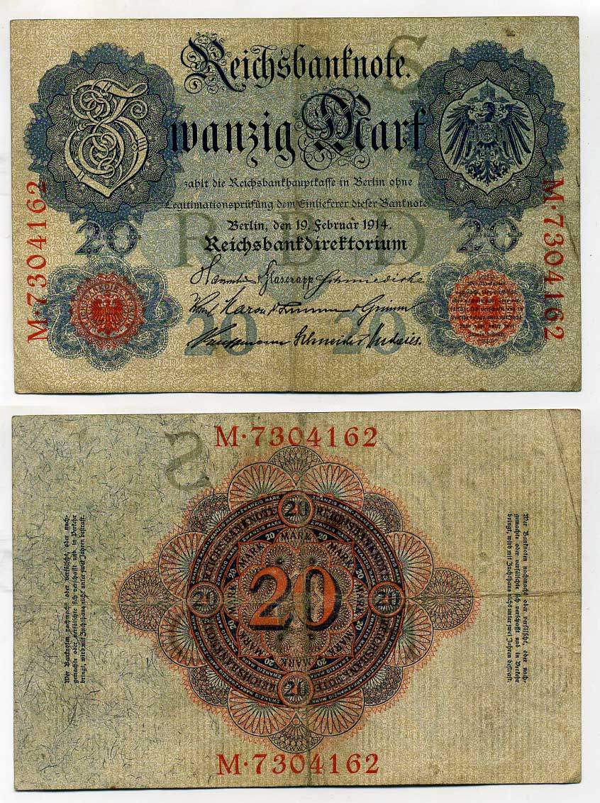 ГЕРМАНИЯ 20 МАРОК 1914 СЕМЬ ЦИФР В НОМЕРЕ Pick 46b бумага 6283-49-2