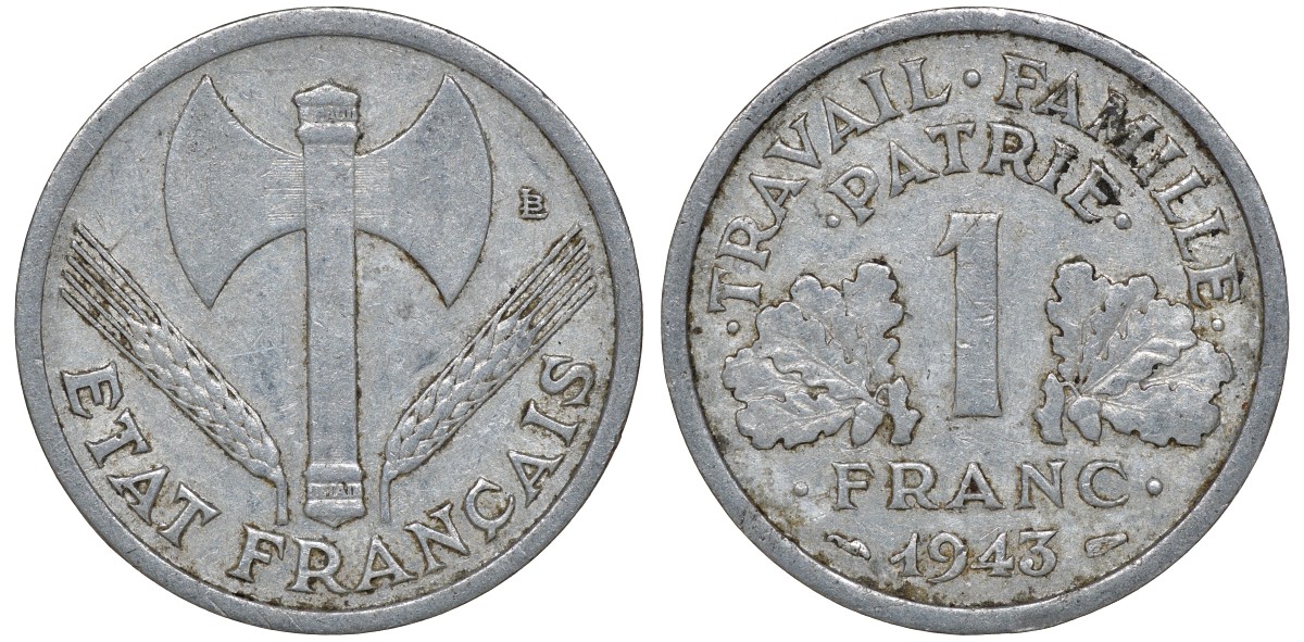 Франция 1 франк 1943 правительство Виши KM 902.1, Le Franc 223.3 алюминий 4163-421