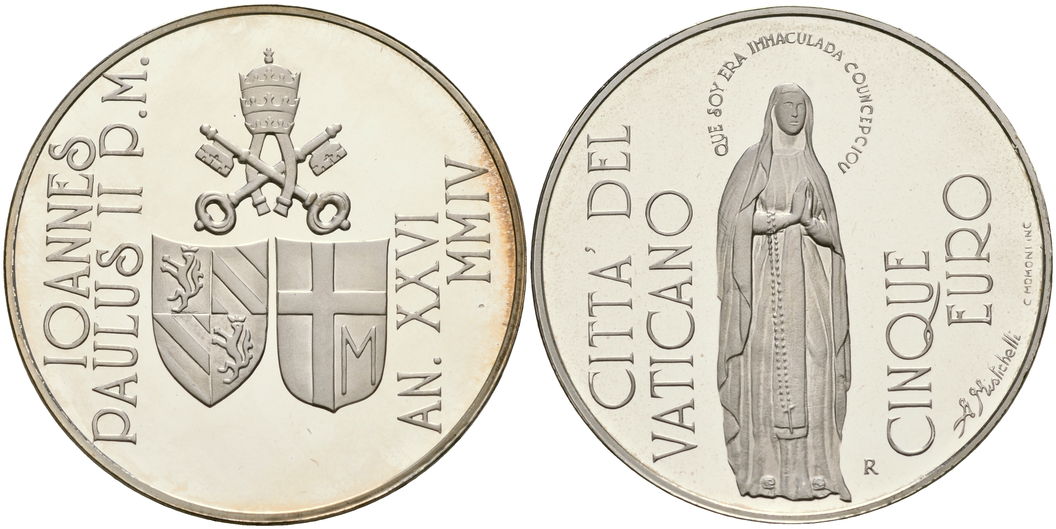 Ватикан 5 евро + 10 евро 2004 150 лет провозглашения догмата о непорочном зачатии, Дева Мария, древо жизни, в оригинальных коробках с сертификатами KM 359, 360 серебро PROOF 2-4-2-24