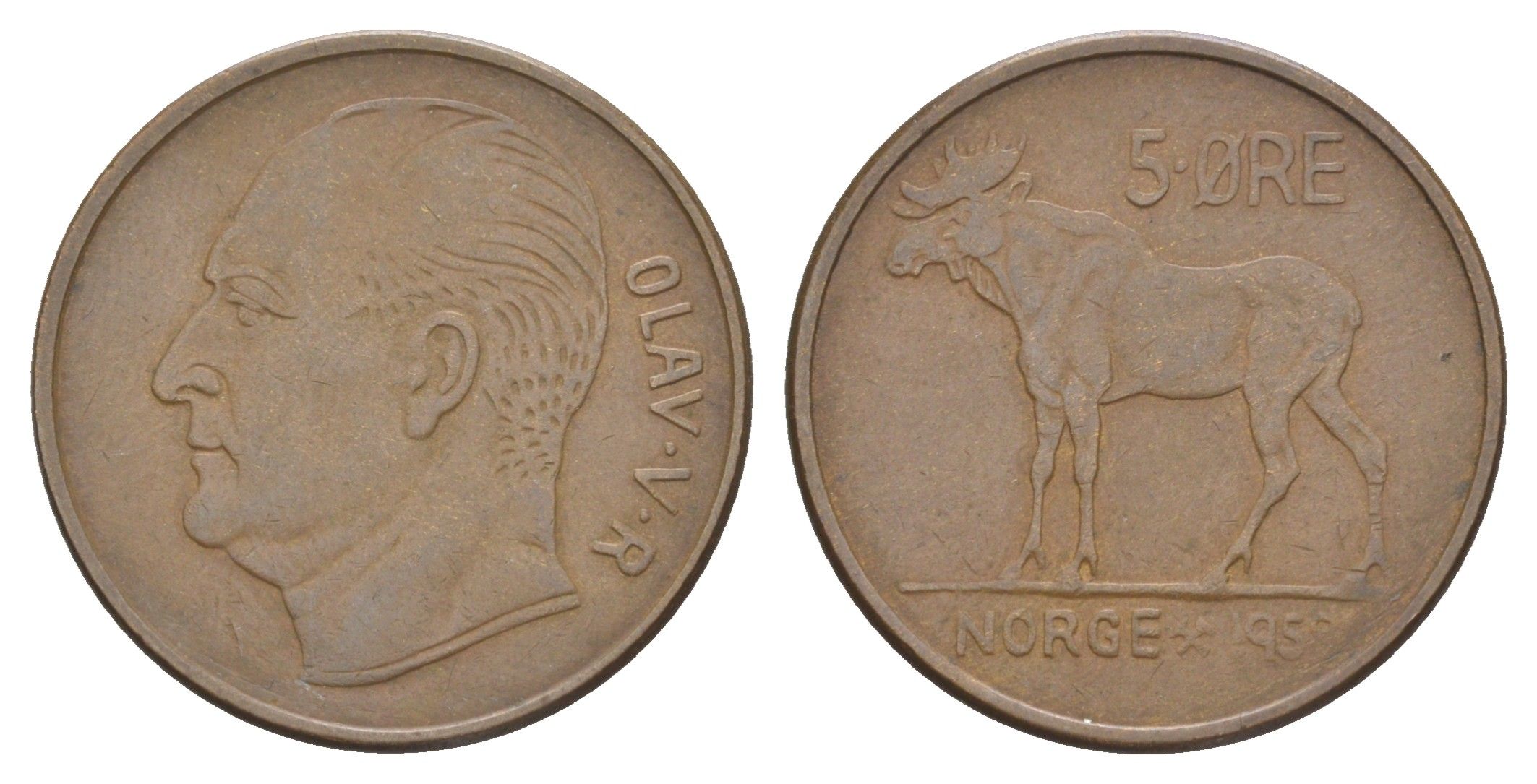 Норвегия 5 эре 1958 Улаф V (1957-1991) KM 405 бронза 4587-1036