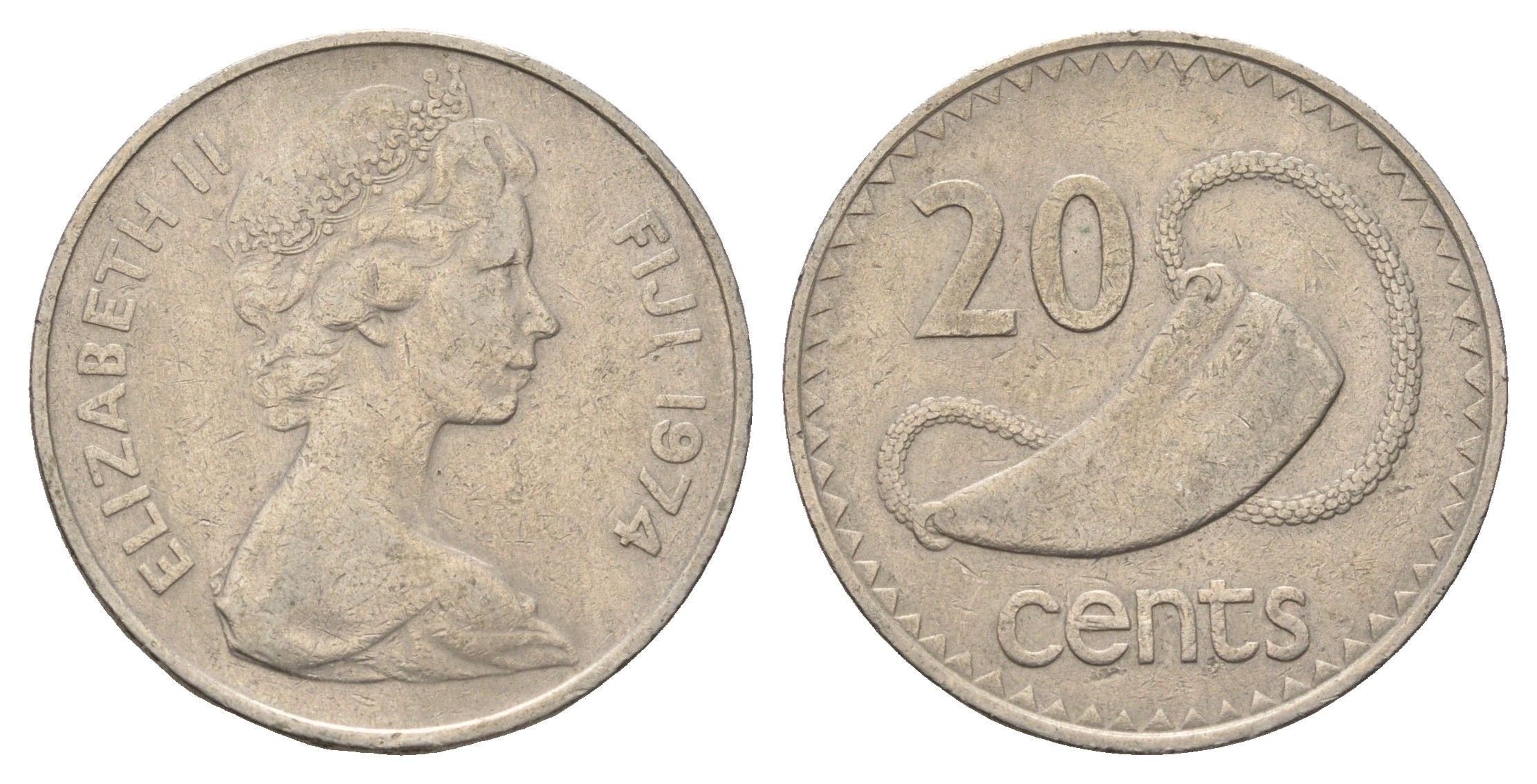 Фиджи 20 центов 1969 Елизавета II (1952-2022), китовый зуб KM 31 медно-никель 4698-1155