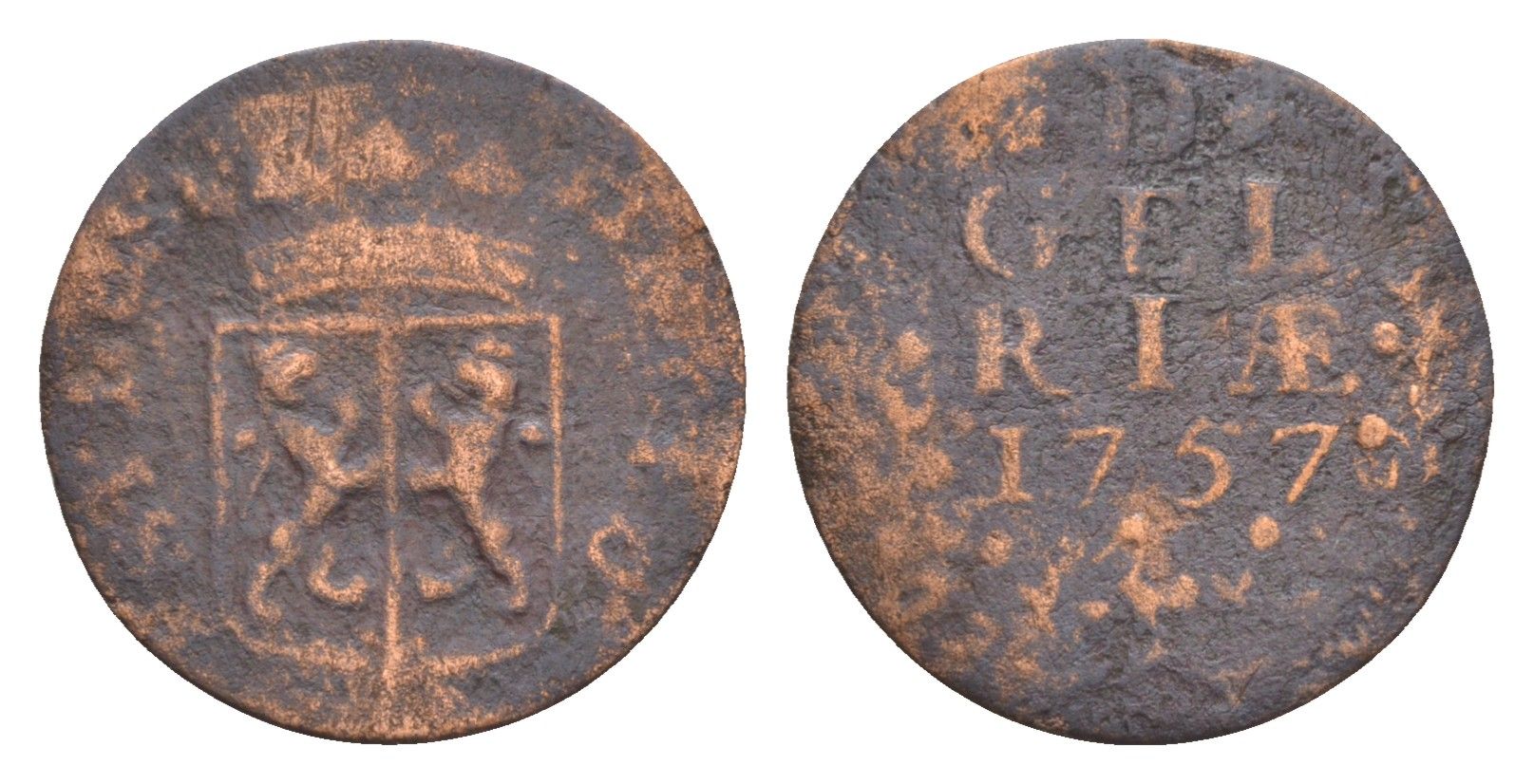 Нидерланды, Голландская Республика, Гелдерланд 1 дуит 1757 KM 88 медь 4655-539