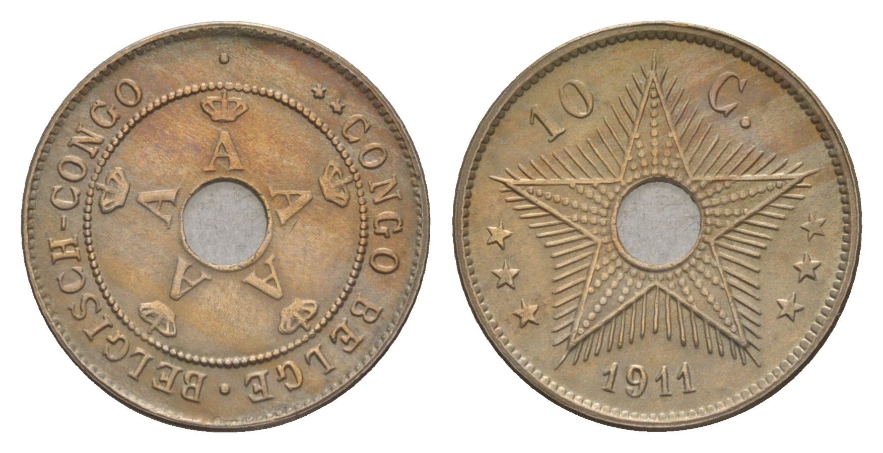 Бельгийское Конго 10 сантимов 1911 KM 18 медно-никель 4655-432