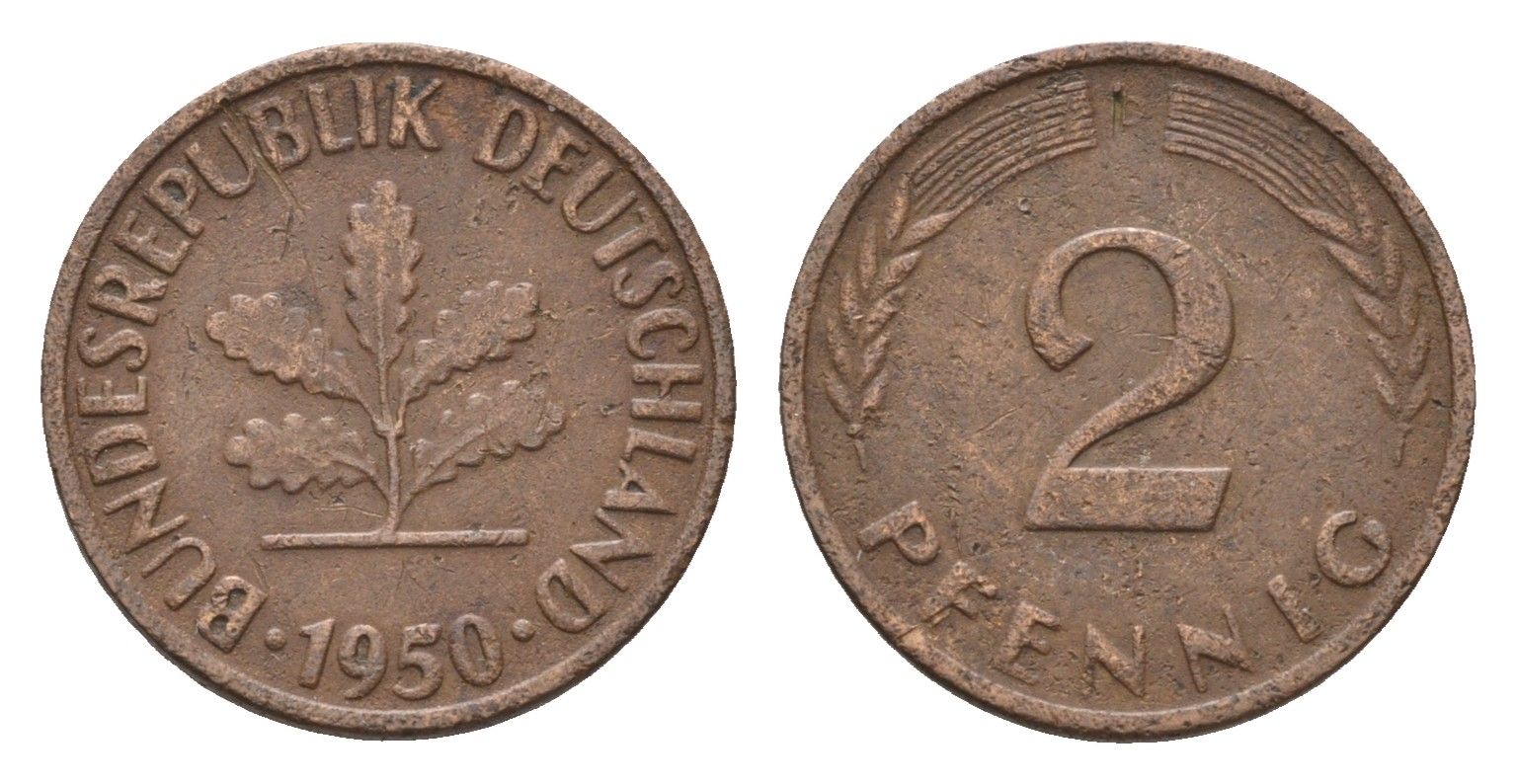 ФРГ 2 пфеннига 1950 D KM 106, J. 381 бронза 4685-329