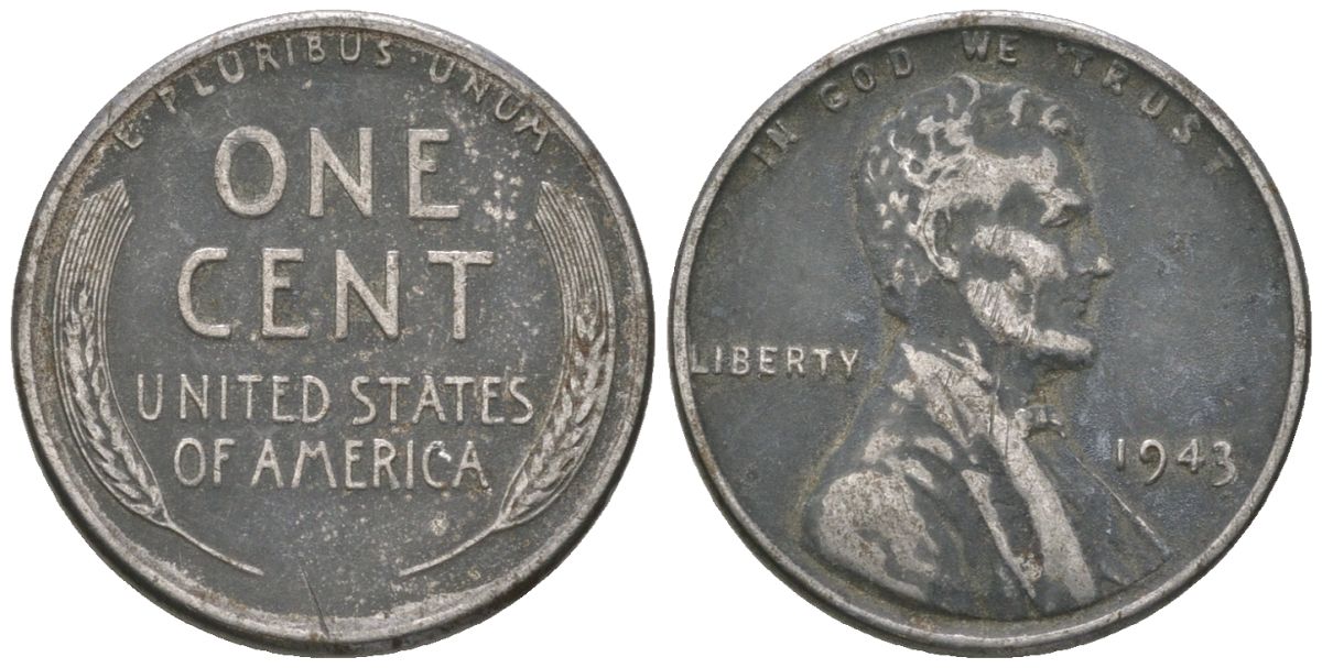 США 1 цент 1943 Авраам Линкольн KM 132 a сталь покрытая цинком 214-614