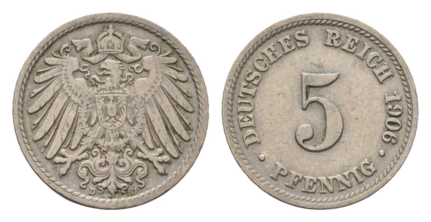 Германия 5 пфеннигов 1906 D, Вильгельм II (1888-1918) KM 11, J. 12 медно-никель 4636-129