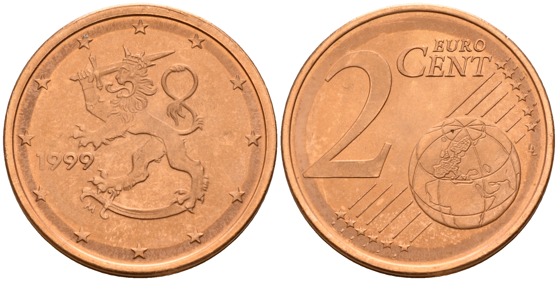 Финляндия 2 евроцента 1999  KM 99 сталь плакированная медью  UNC  4160-349