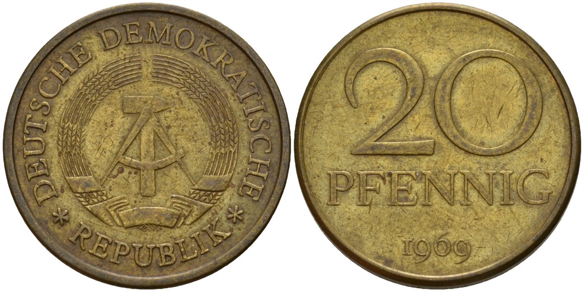 ГДР 20 пфеннигов 1969 A, первый год KM 11 латунь 98-346