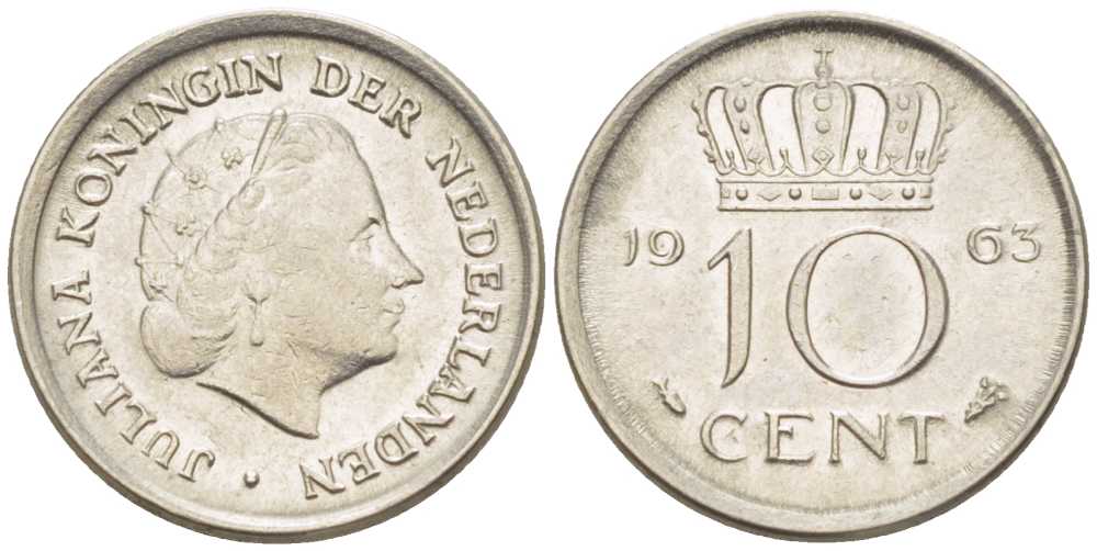 НИДЕРЛАНДЫ 10 ЦЕНТОВ 1963 ЮЛИАНА (1948-1980) KM 182 никель 214-1166