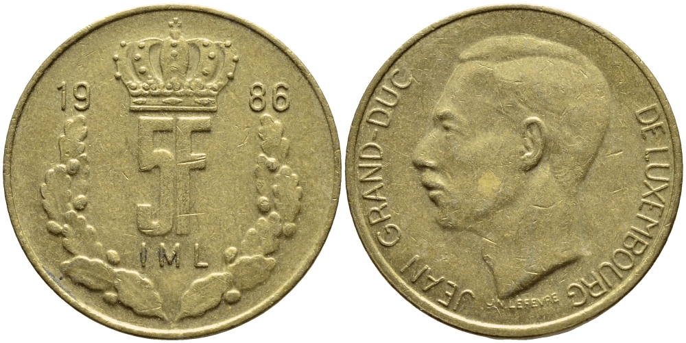 Люксембург 5 франков 1986 Великий герцог Жан (1964-1999) KM 60.1 латунь 4397-512