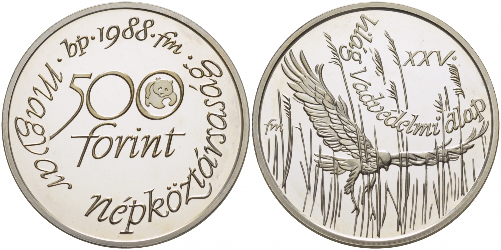 Венгрия 500 форинтов 1988 фонд защиты дикой природы, лунь (ястреб) KM 661 серебро PROOF 01-146-33